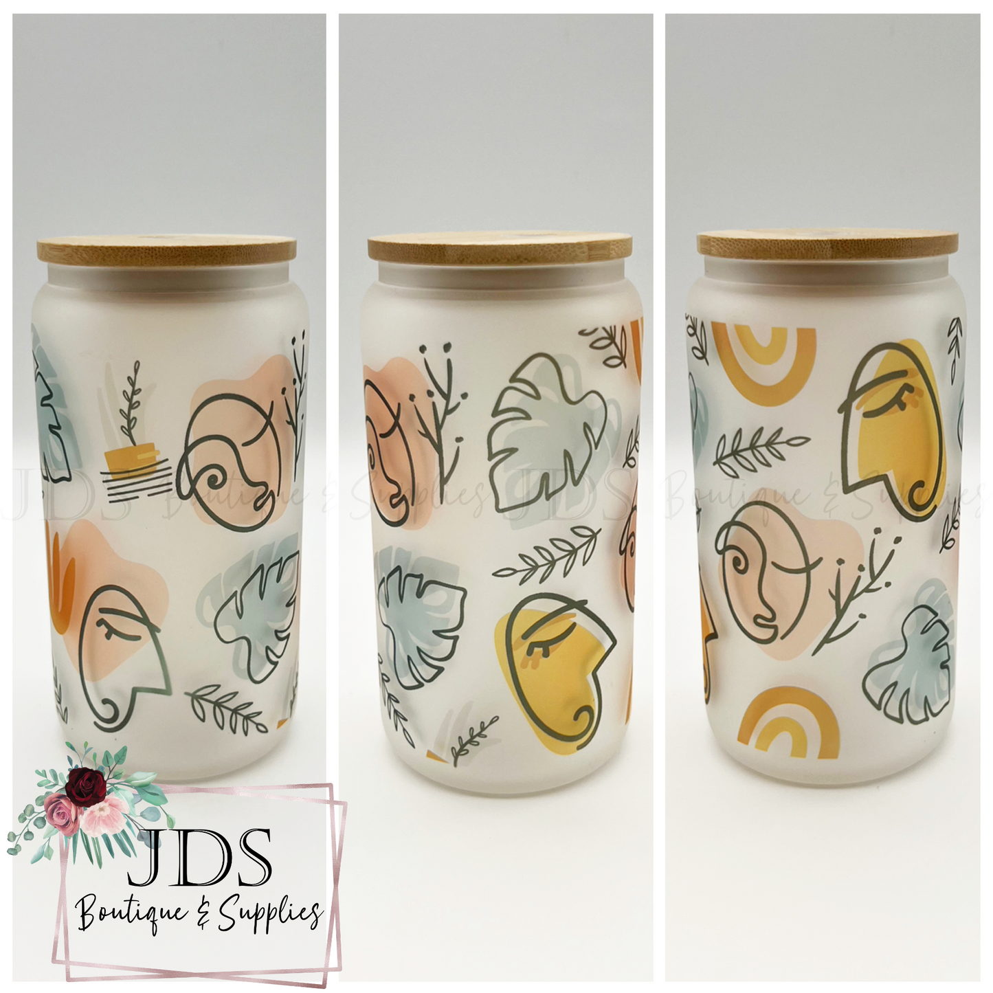 Boho Faces Libbey Glass Can Cup with Lid