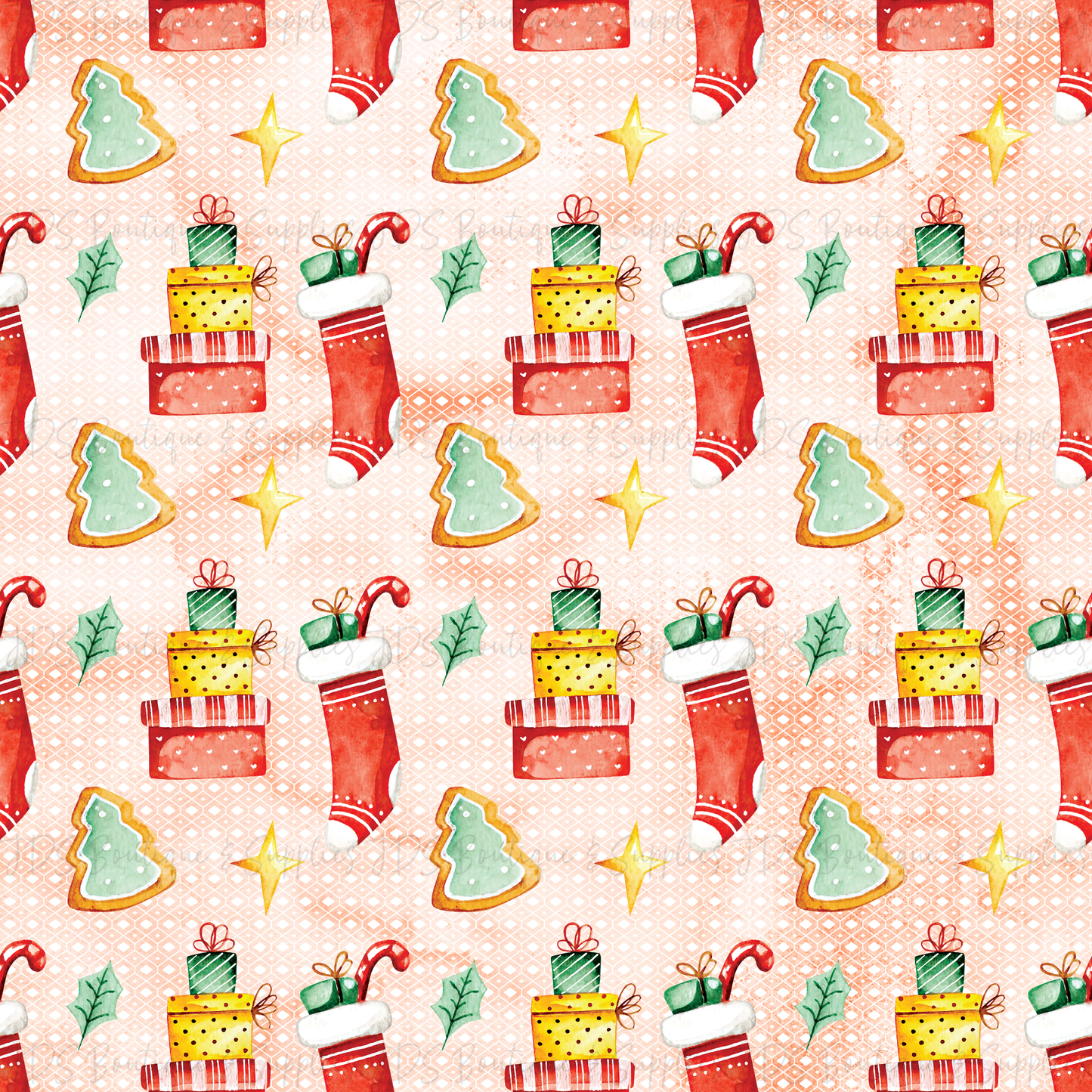 Watercolor Christmas Printed Pattern Vinyl - Stocking and Presents