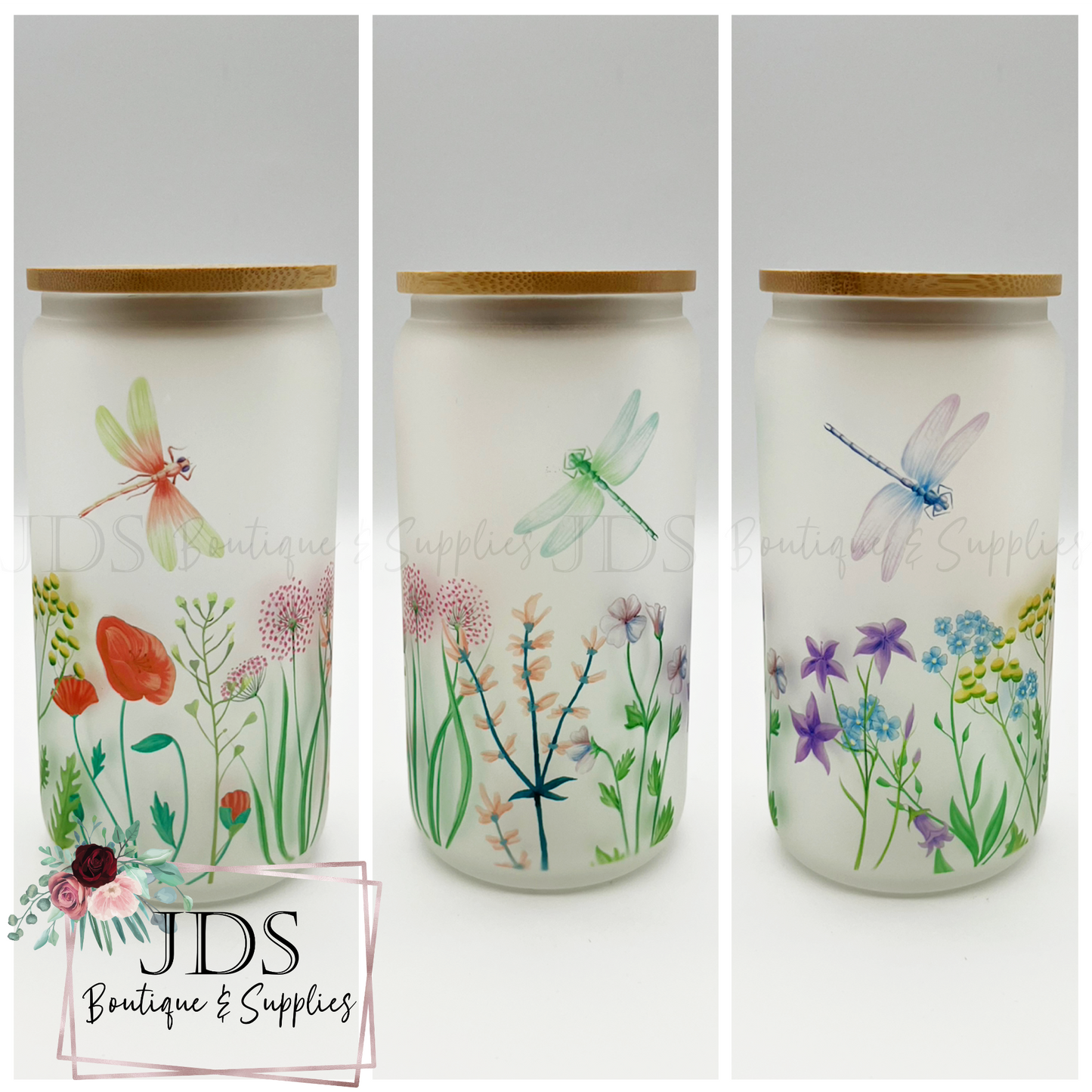 Floral Dragonfly Libbey Glass Can Cup with Lid