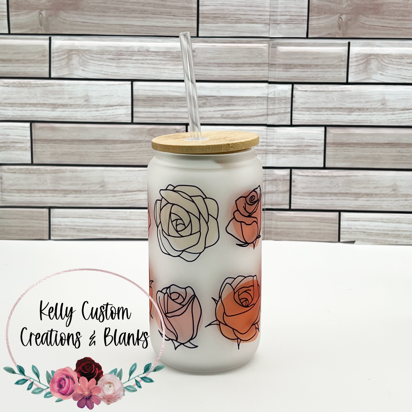 Watercolor Rose Libbey Glass Can Cup with Lid