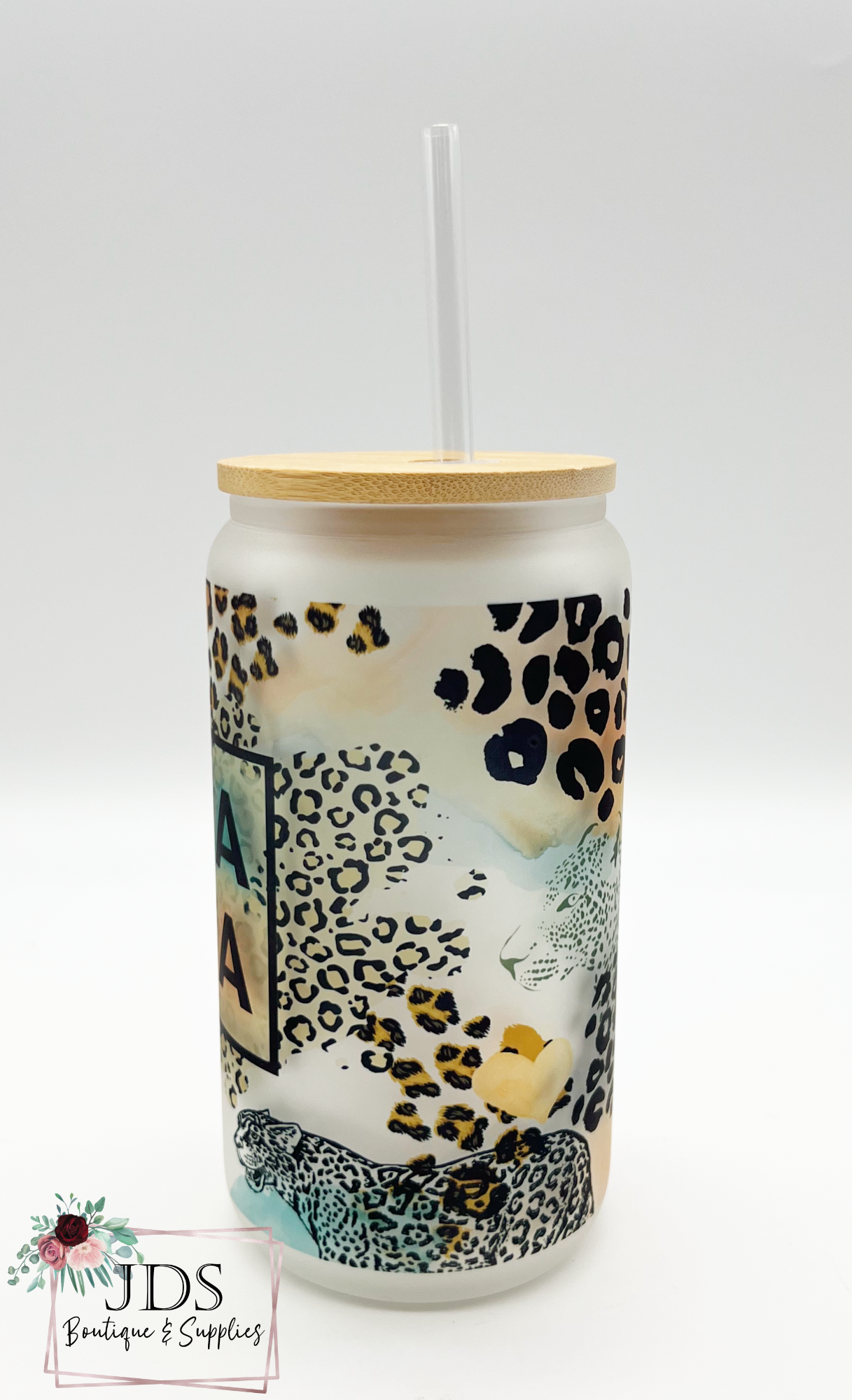 Mama Leopard Libbey Glass Can Cup with Lid