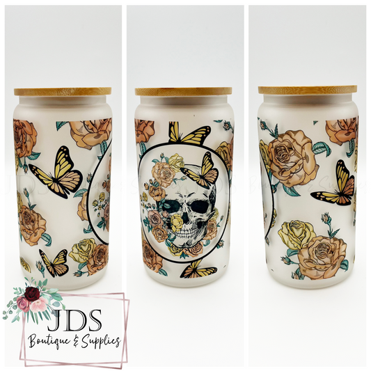 Floral Skull Libbey Glass Can Cup with Lid