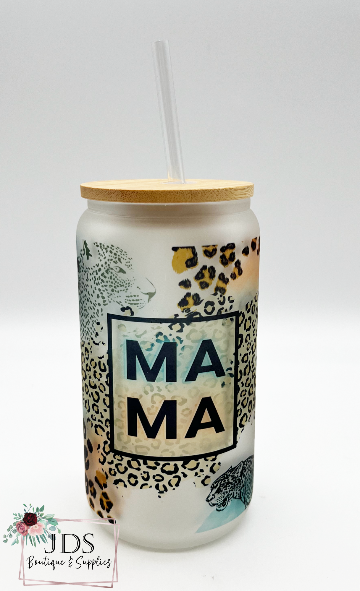 Mama Leopard Libbey Glass Can Cup with Lid